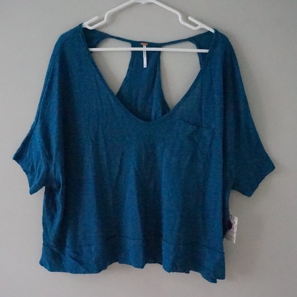 NWT free people Slub knit Back cutouts Top Blue - Picture 3 of 7